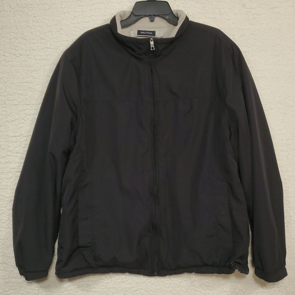 Vintage Nautica Bomber Style Jacket Men XL Black Full Zip Reversible Fleece 90s